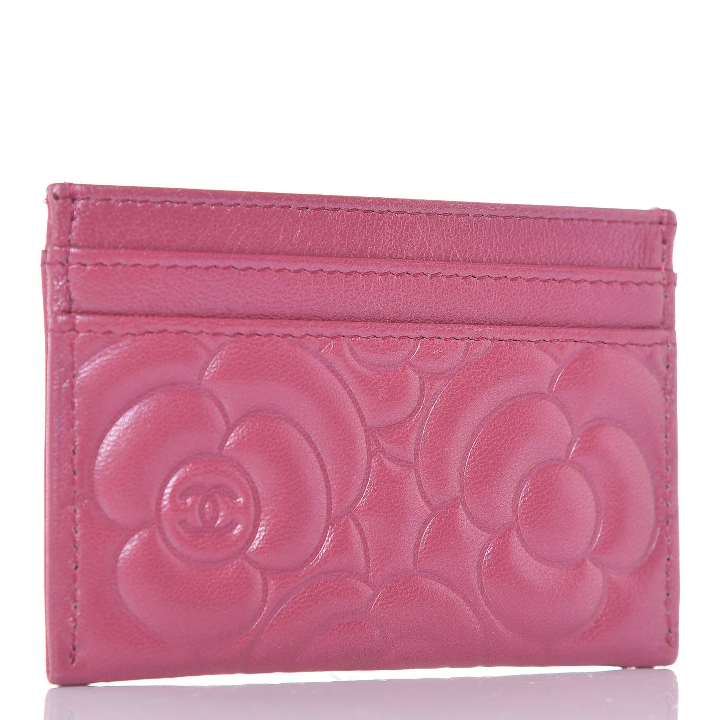 Metallic Lambskin Camellia Embossed Card Holder Fuchsia