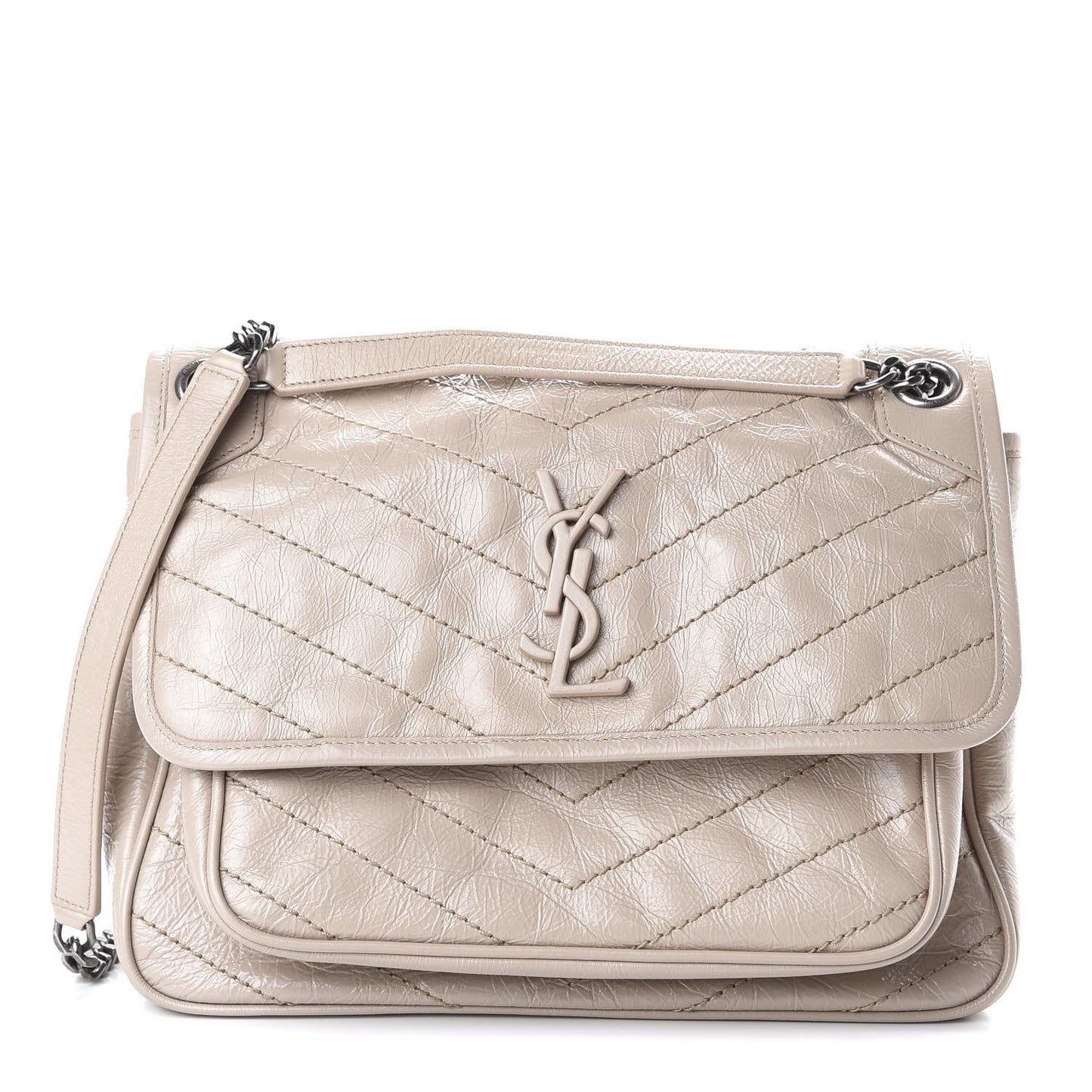 Crinkled Calfskin Matelasse Monogram Medium Niki Chain Satchel Light Natural