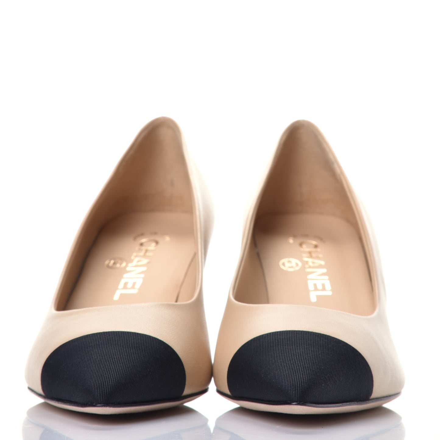 Lambskin Grosgrain Cap Toe CC Pumps 36.5 Beige Black