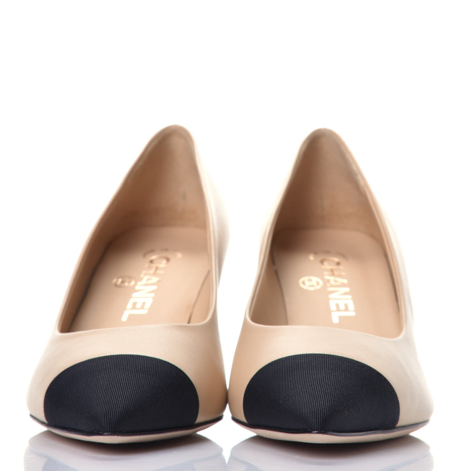 Chanel Lambskin Grosgrain Cap Toe CC Pumps 36.5 Beige Black 2 of 9