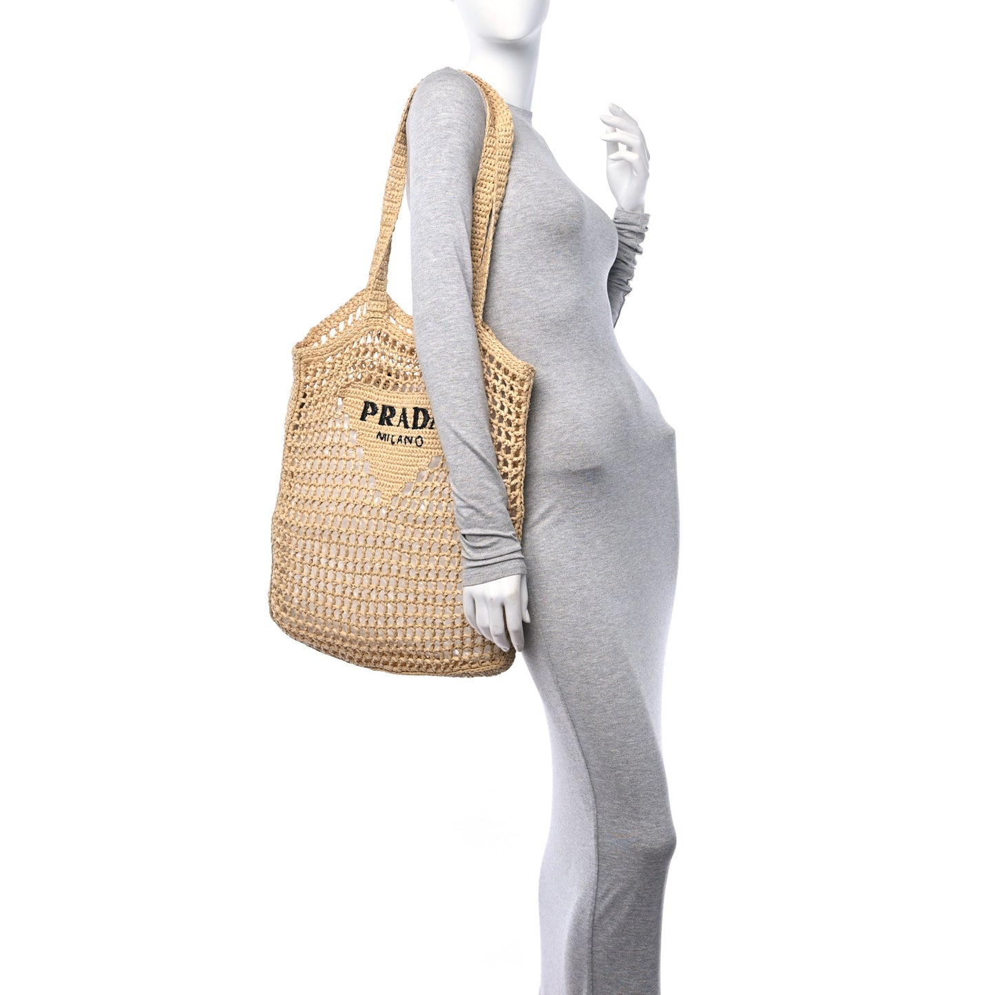 Yarn Raffia Effect Crochet Logo Embroidered Tote Bag Naturale