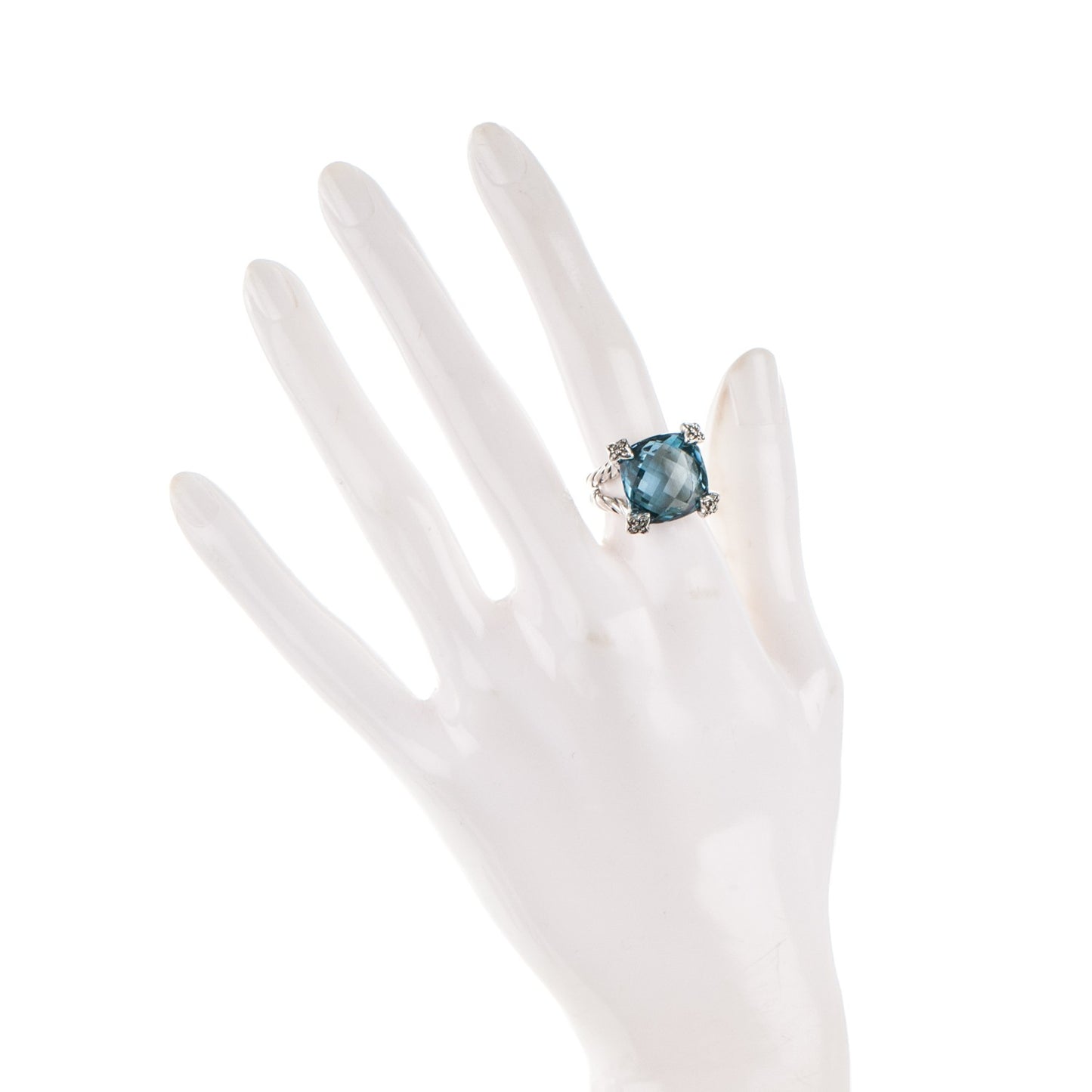 Sterling Silver Pave Diamond Blue Topaz 15mm Cushion On Point Ring 6