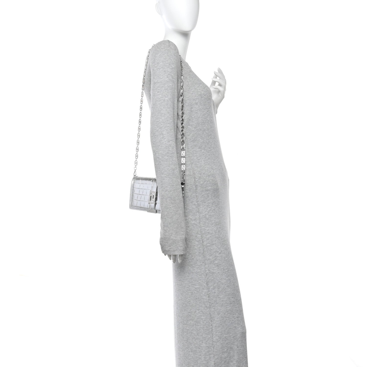 Versace Metallic Crocodile Embossed Calfskin Greca Goddess Wallet On Chain Silver 2 of 9