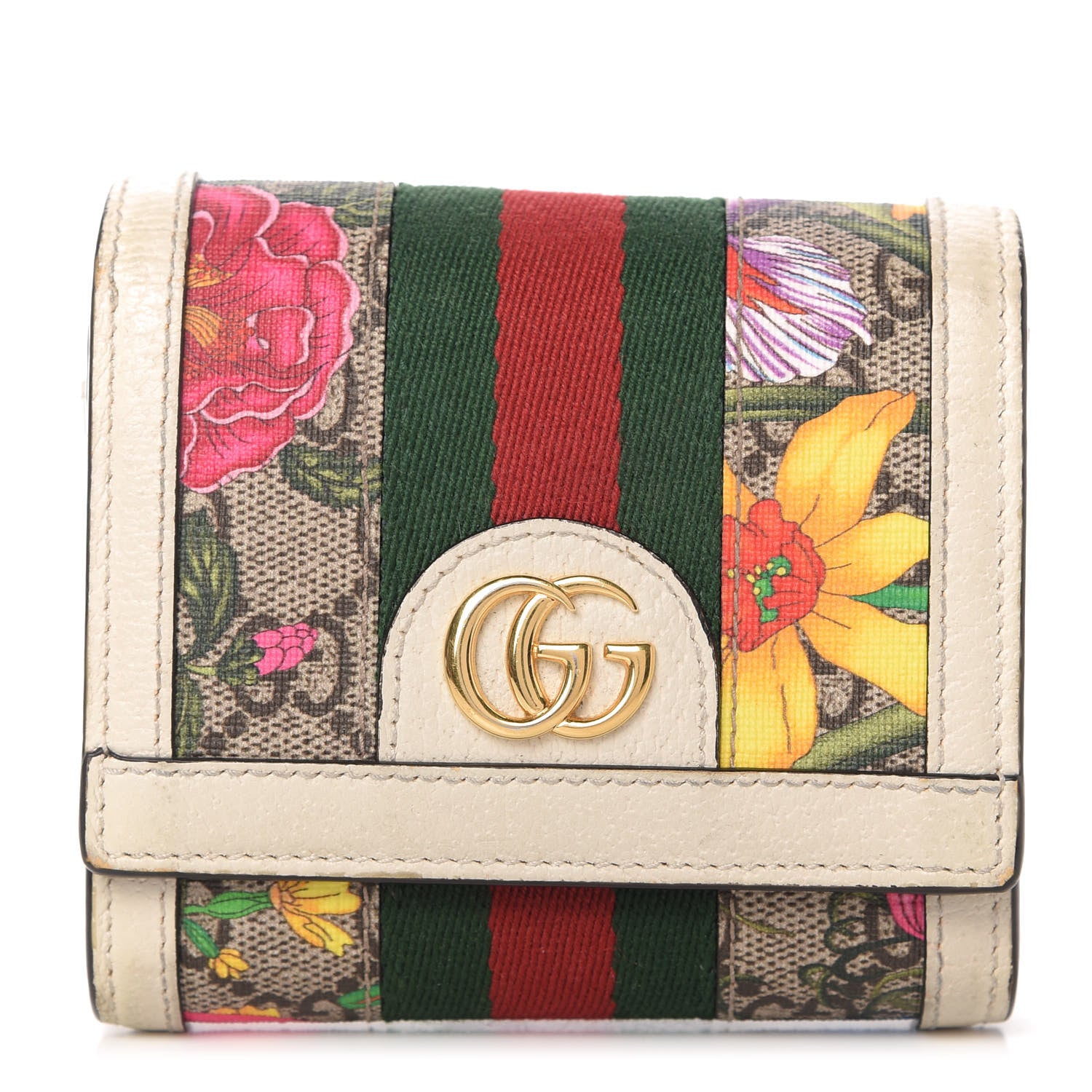 Gucci GG Supreme Monogram Flora Textured Calfskin Web Ophidia Card Case Wallet Beige Ebony Multicolor Mystic White 1 of 7