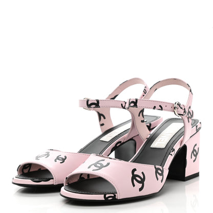 Chanel Printed Lambskin CC Sandals 37 Light Pink Black 3 of 9