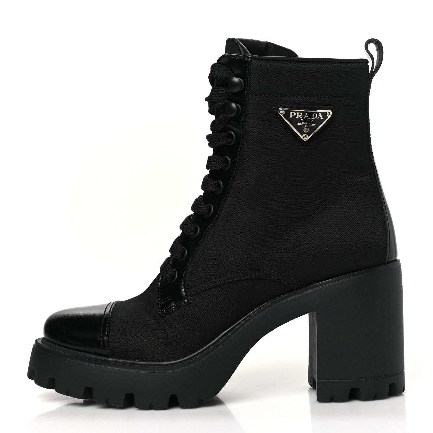 Prada Spazzolato Re-Nylon Metal Triangle Logo Lace Up 55mm Ankle Boots 39 Black 1 of 8