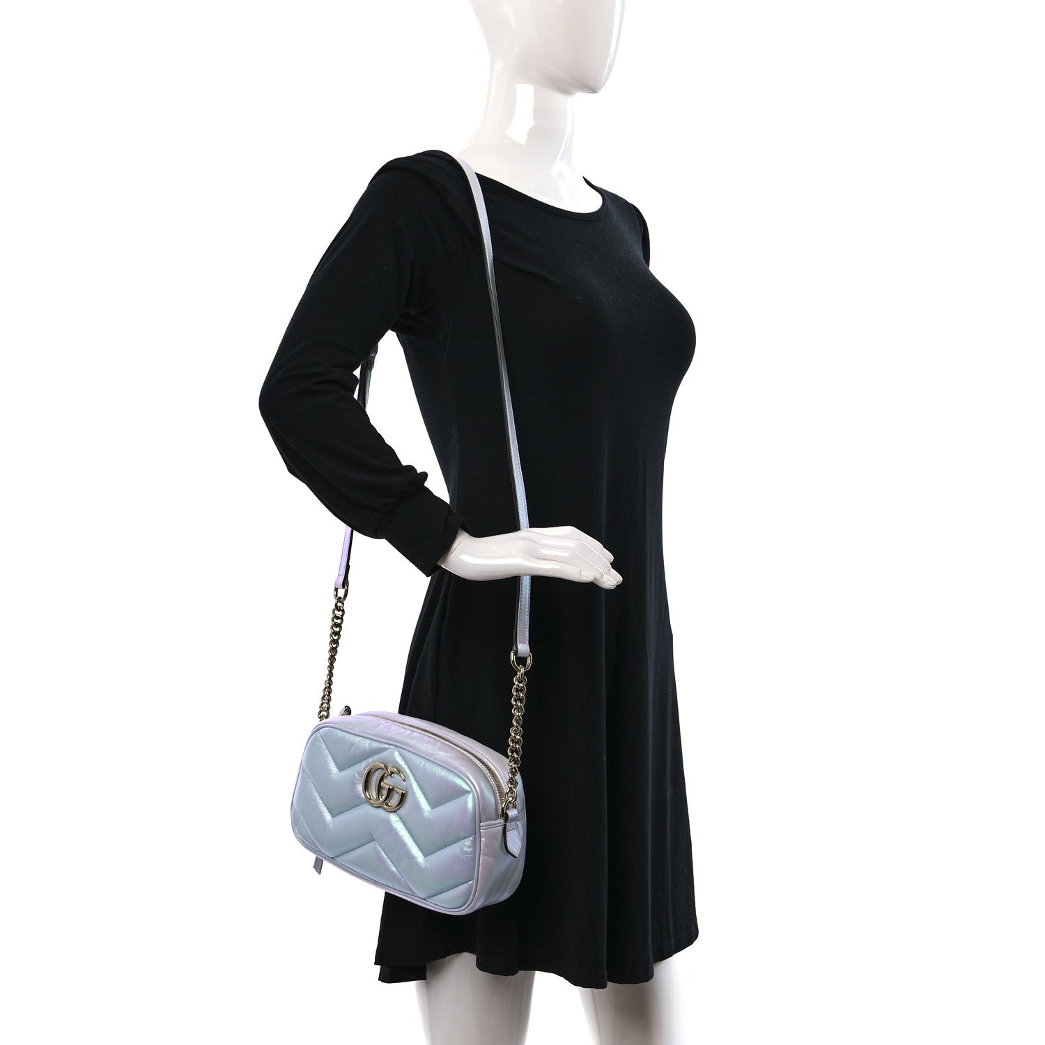 Gucci Iridescent Nappa Chevron Matelasse Small GG Marmont Chain Shoulder Bag Iridescent Snow Light Blue 2 of 9