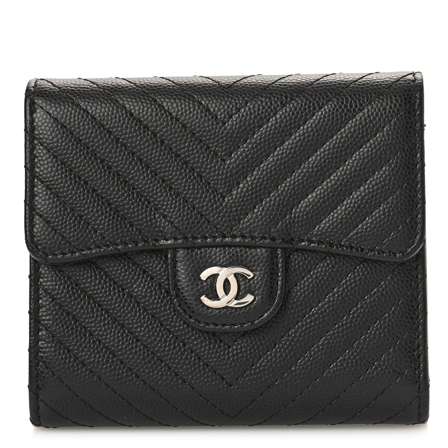 Caviar Chevron Quilted Compact Flap Wallet Black