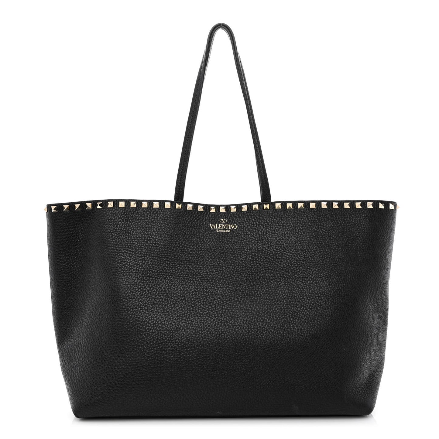 Grained Calfskin Rockstud Shoulder Tote Black