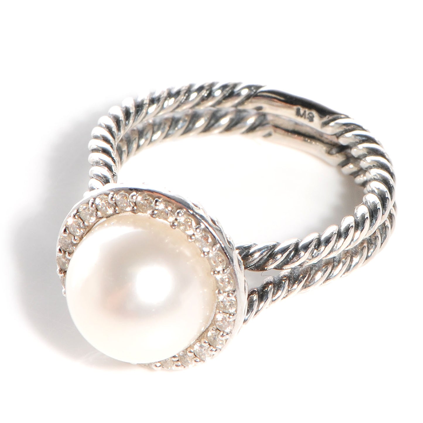 Sterling Silver Pave Diamond Pearl Cable Ring 6