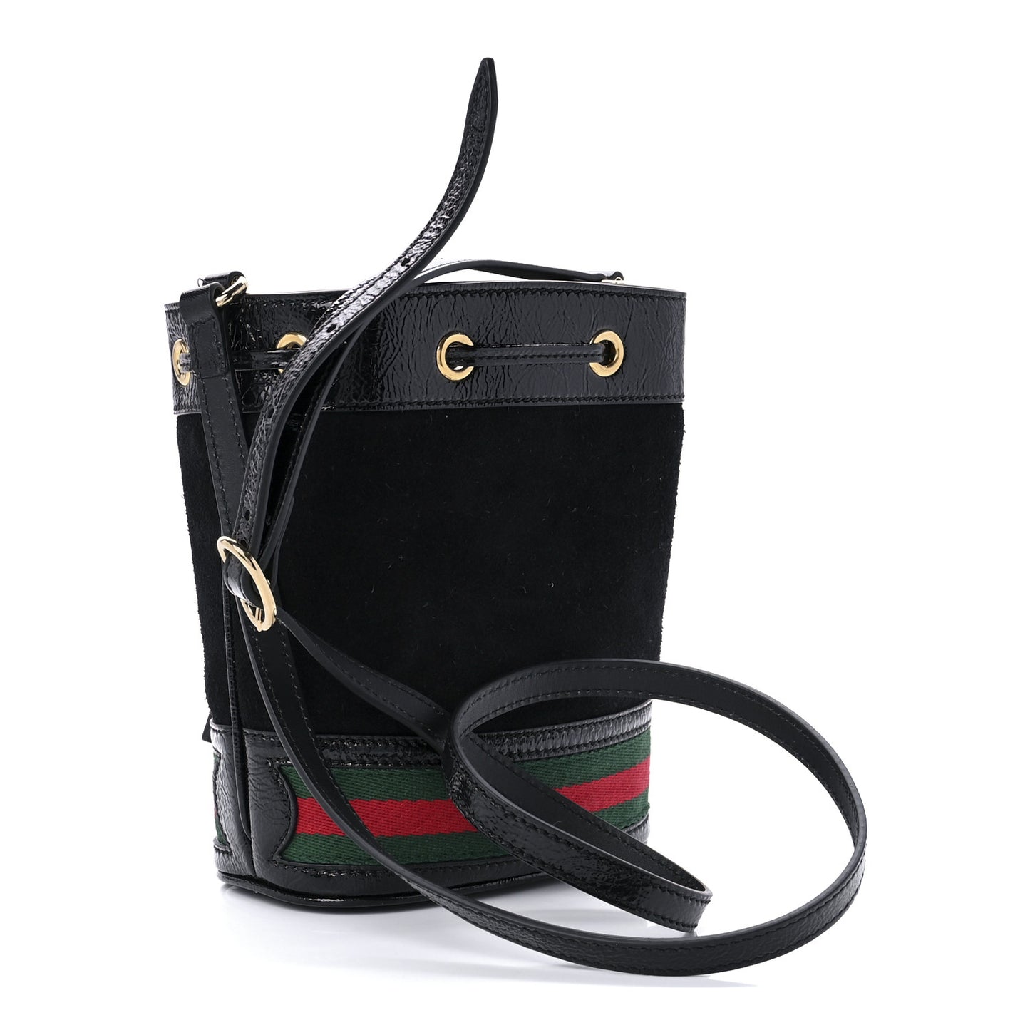 Suede Patent Web Mini Ophidia Bucket Bag Black
