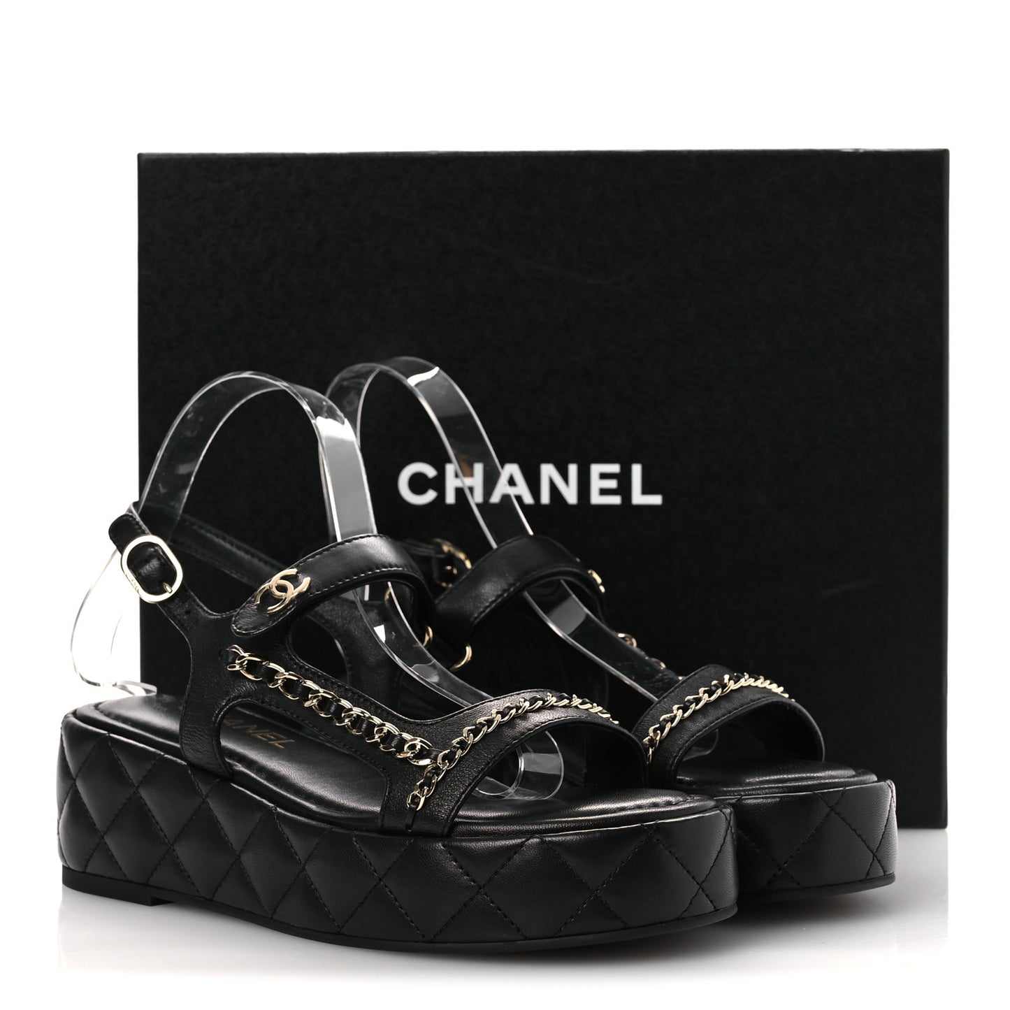 Lambskin Quilted Chain CC Platform Sandals 38 Black