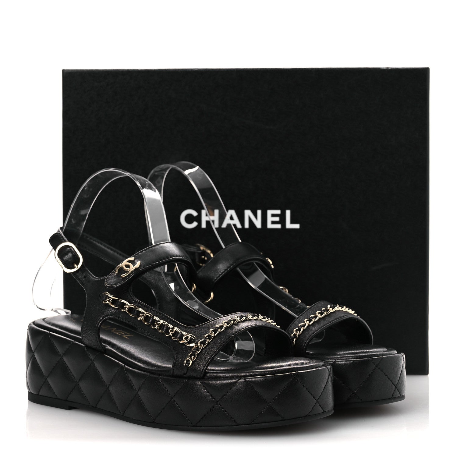 Chanel Lambskin Quilted Chain CC Platform Sandals 38 Black 11 of 11