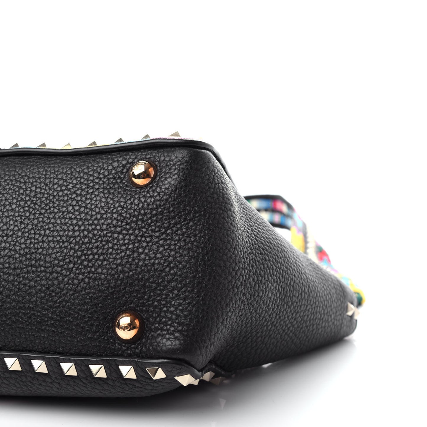 Grained Calfskin Embroidered Small Rockstud Rolling Tote Black