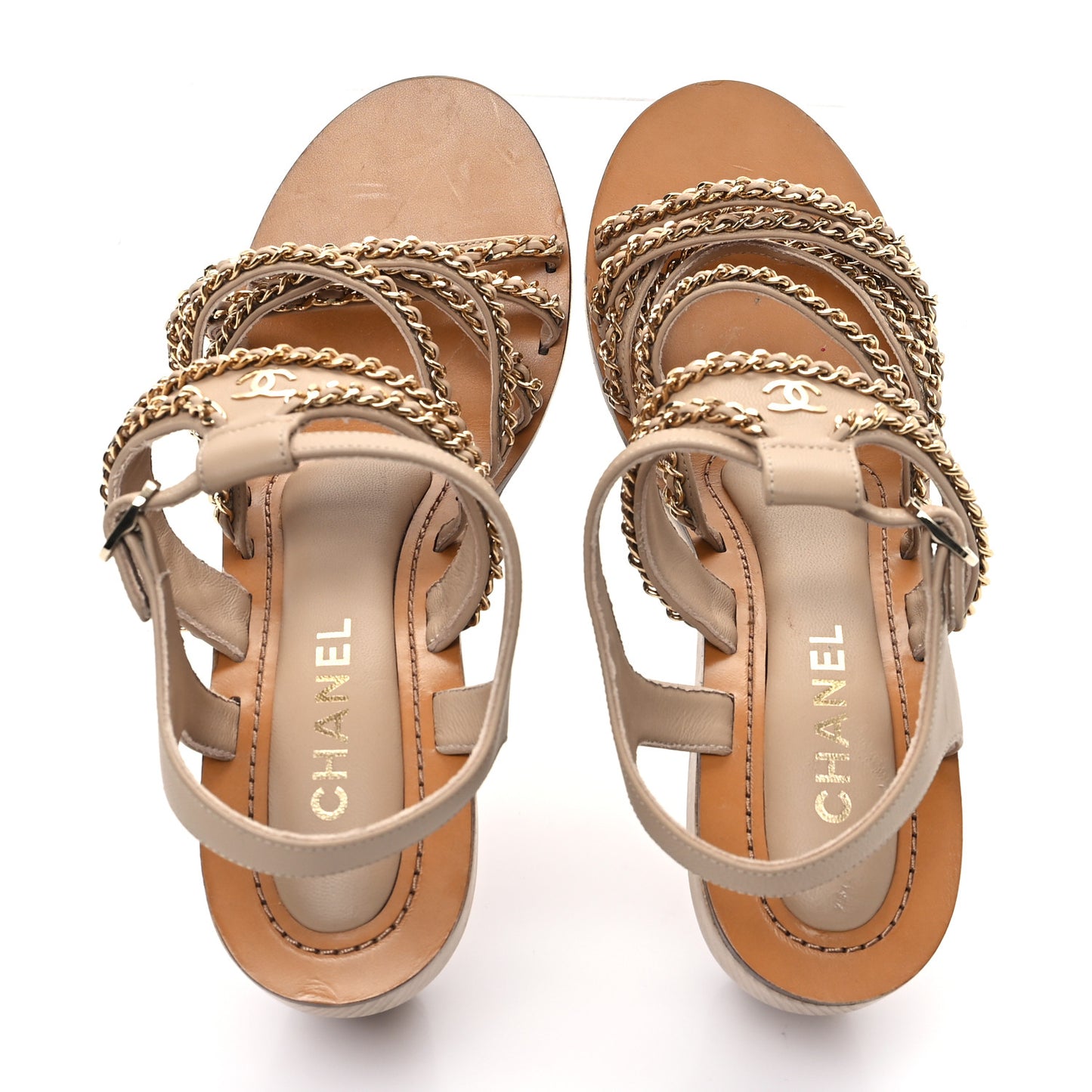 Lambskin Quilted Chain Wedge Sandals 40 Beige