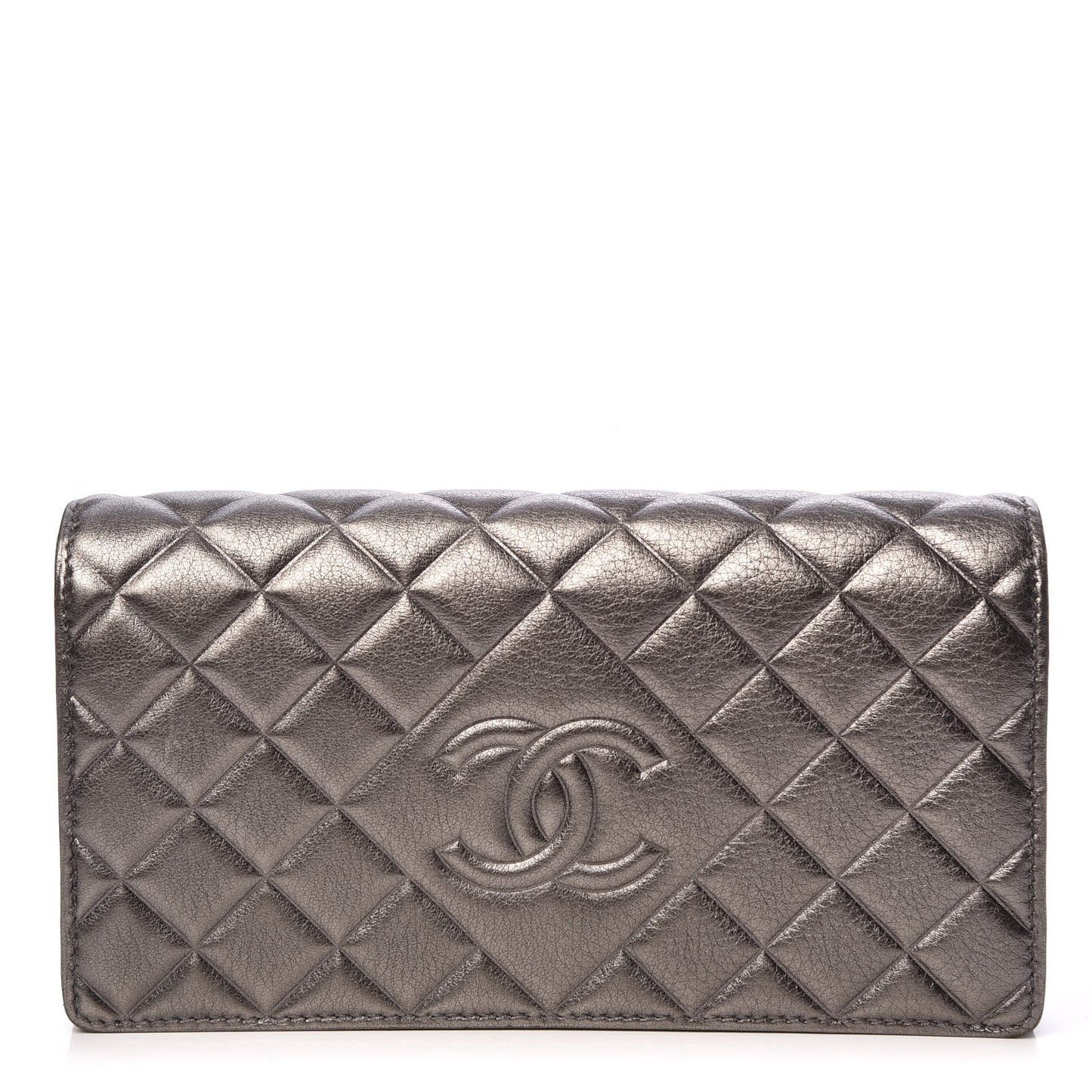 Calfskin Quilted Diamond CC Large Gusset Flap Wallet Dark Silver