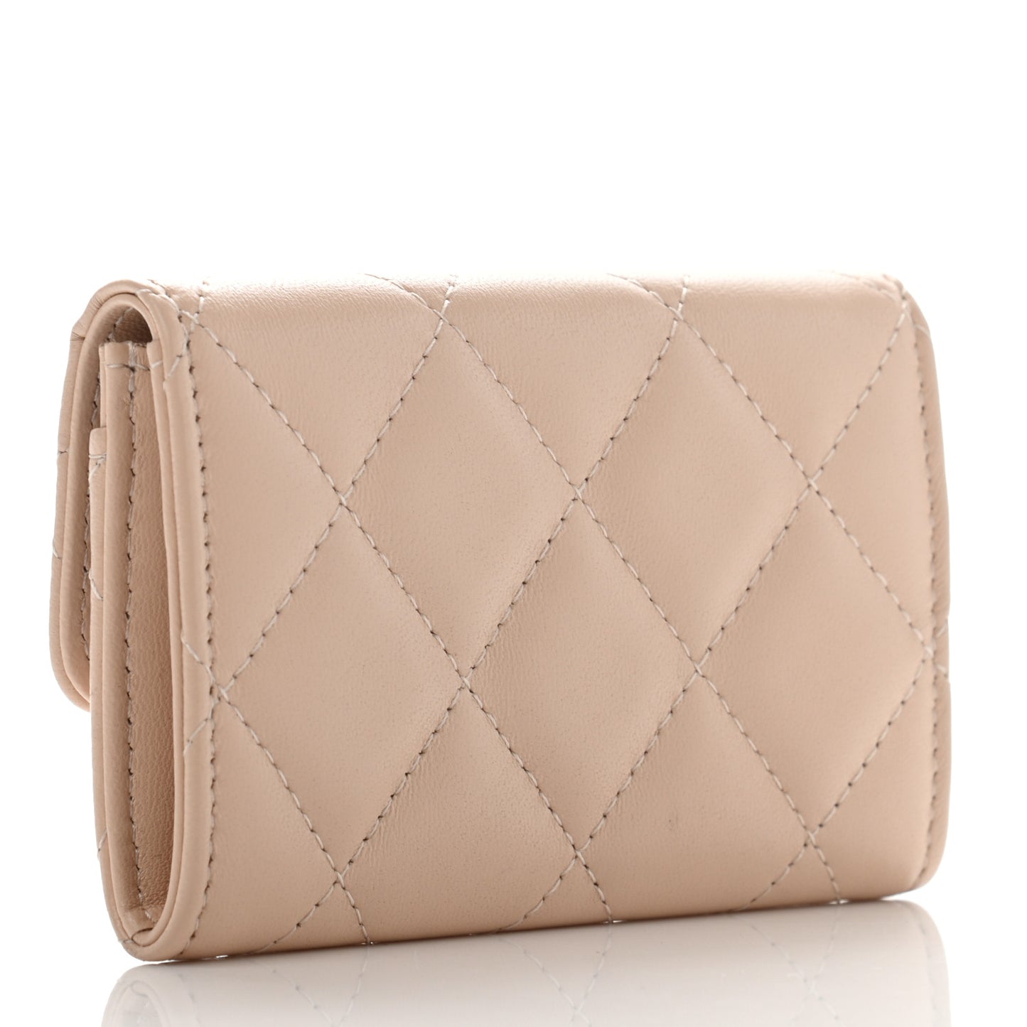 Lambskin Quilted Flap Card Holder Beige