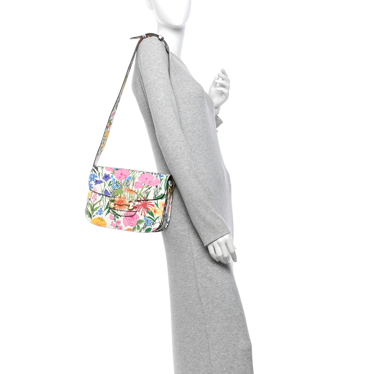 Gucci X KEN SCOTT New Shangai Calfskin Jardin D'Avril Floral Print Horsebit 1955 Shoulder Bag Ivory Pink Wild Rose 2 of 10