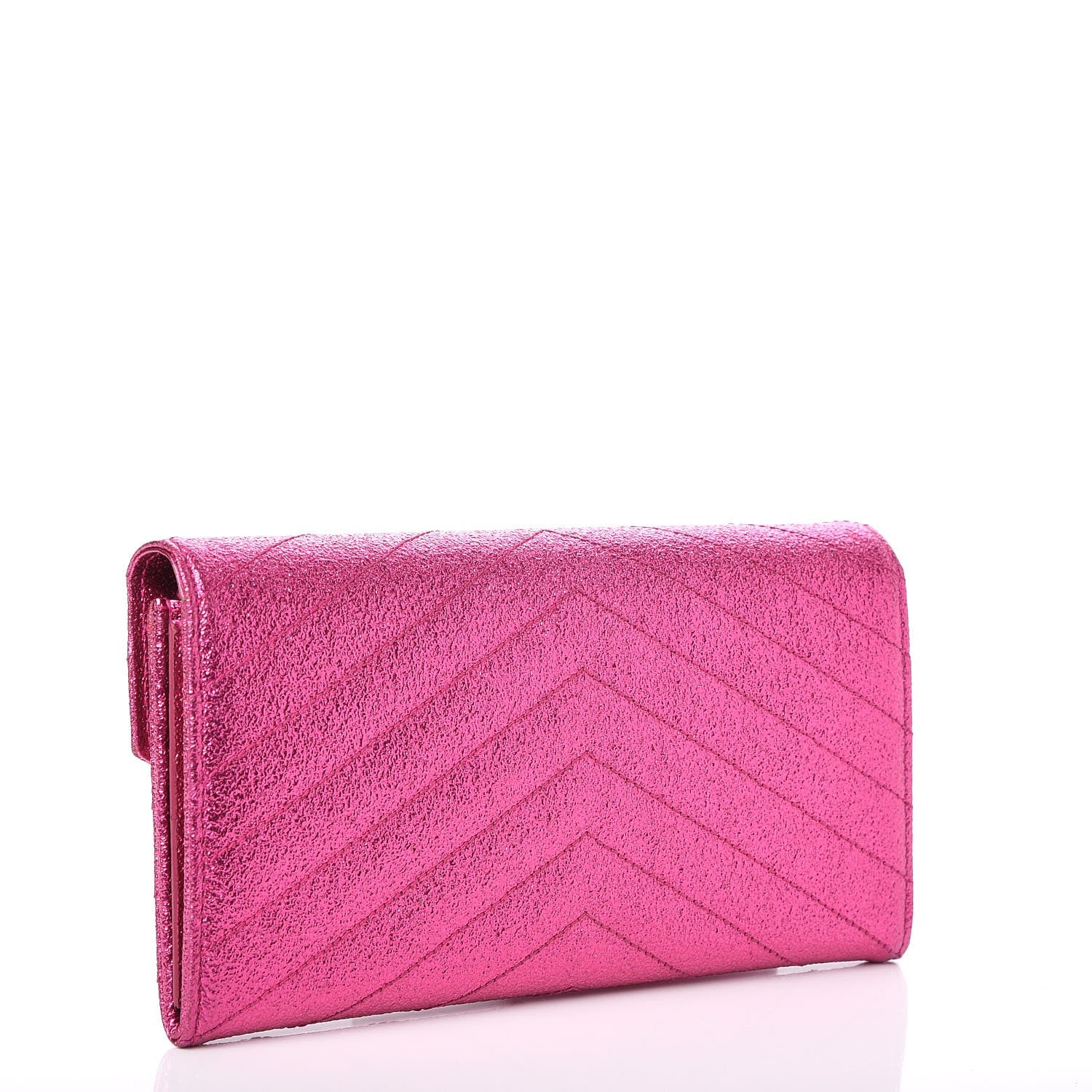 Saint Laurent Metallic Crackled Calfskin Matelasse Chevron Monogram Flap Wallet Fuchsia 3 of 9