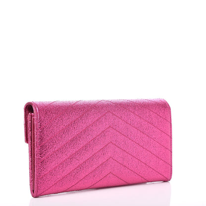 Saint Laurent Metallic Crackled Calfskin Matelasse Chevron Monogram Flap Wallet Fuchsia 3 of 9