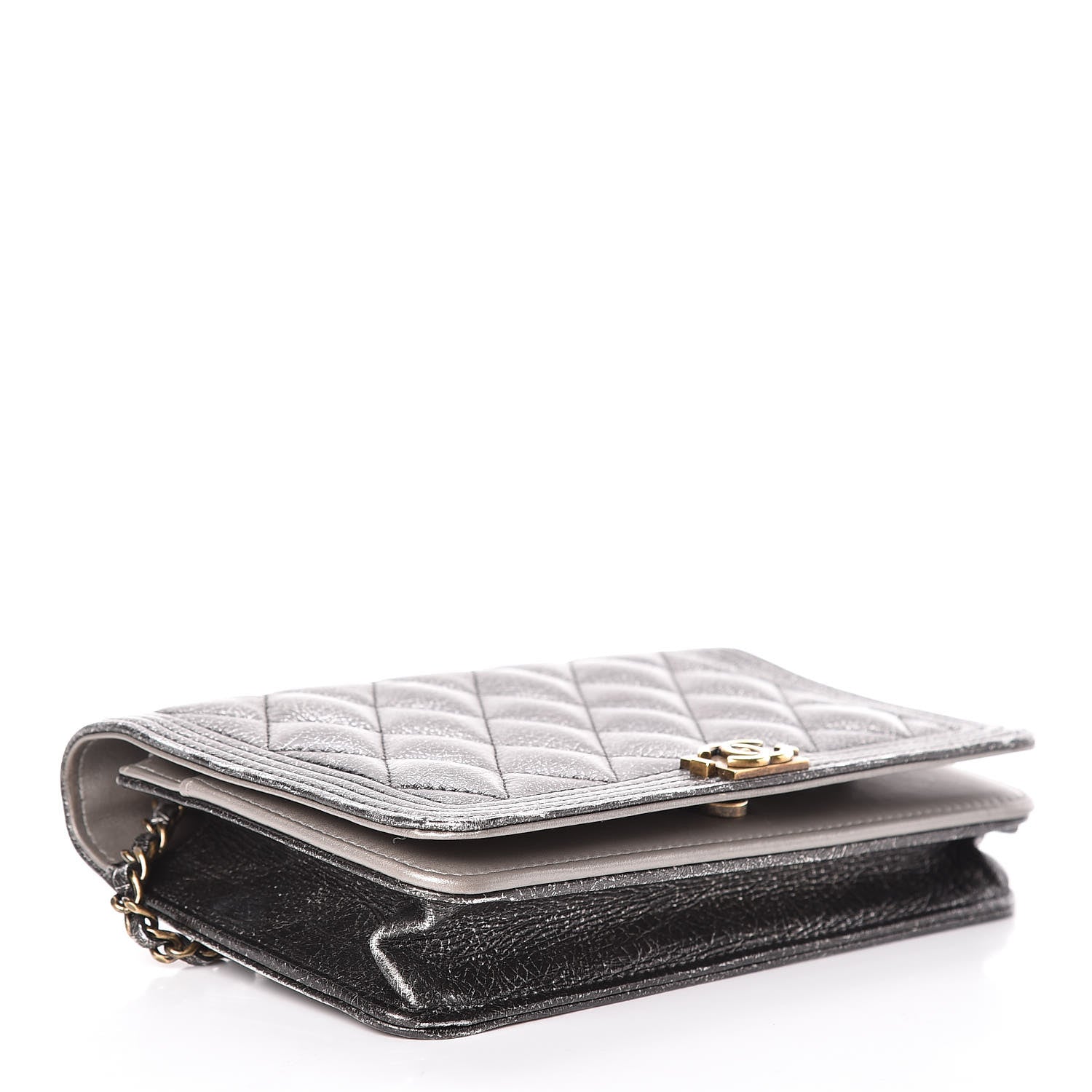 Chanel Cracked Metallic Calfskin Quilted Boy Wallet On Chain WOC Dark Silver 4 of 19