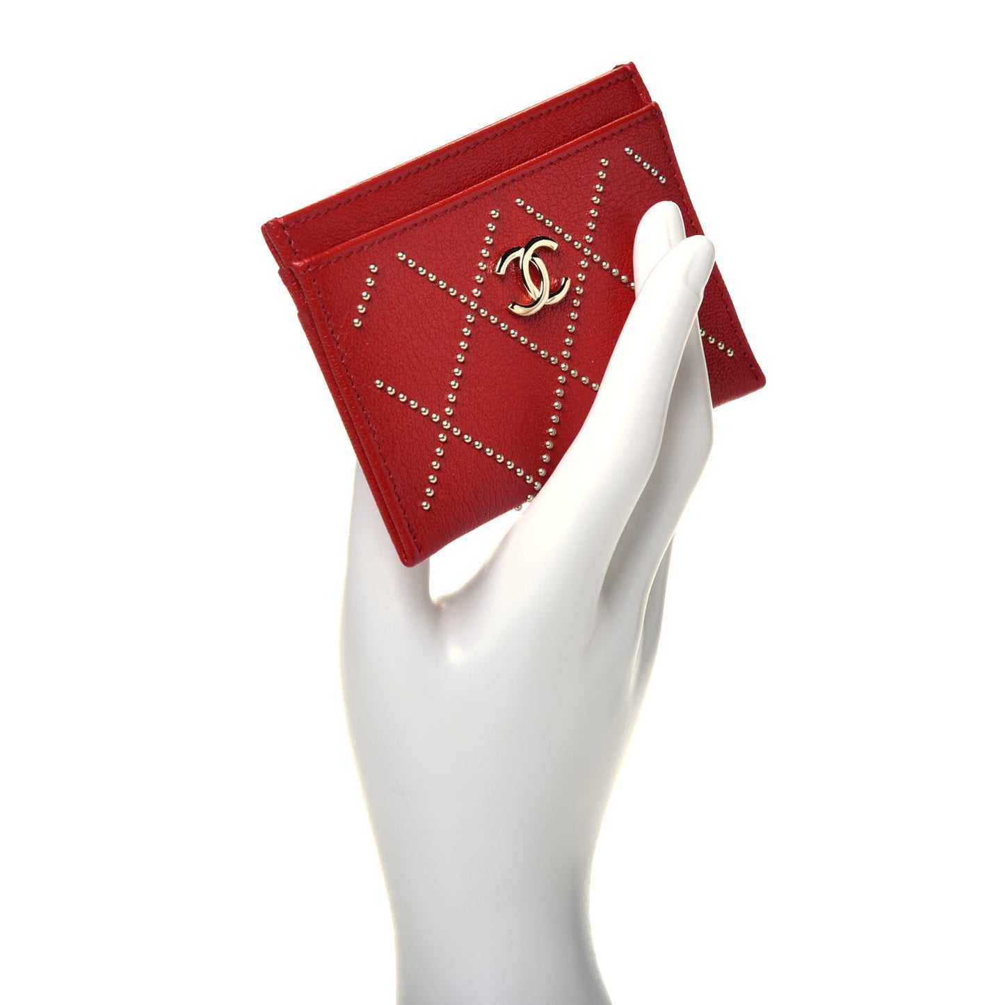 Shiny Lambskin Studded Rock The Diamond CC Card Holder Red