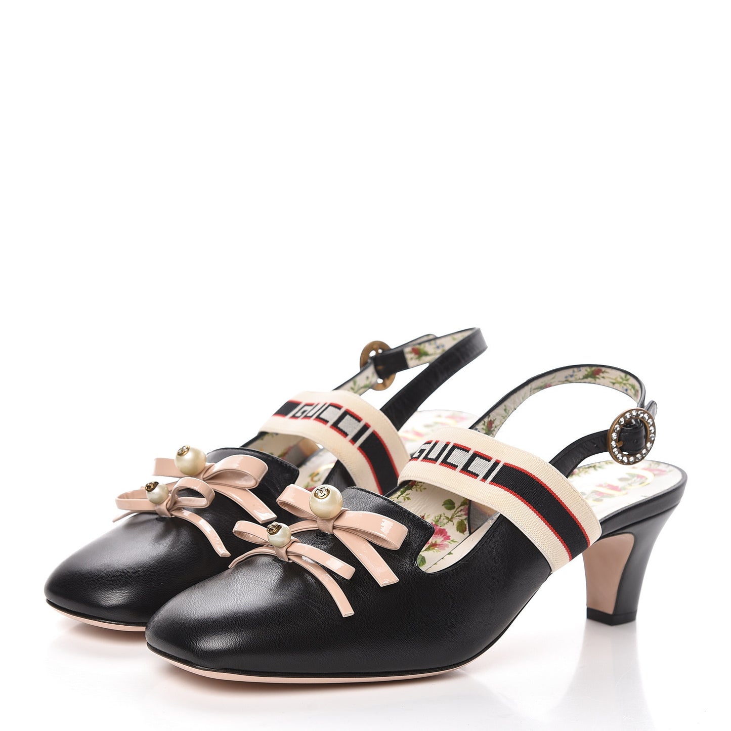 Malaga Kid Bow Ace Stripe Mid Heel Slingback Pumps 41 Black