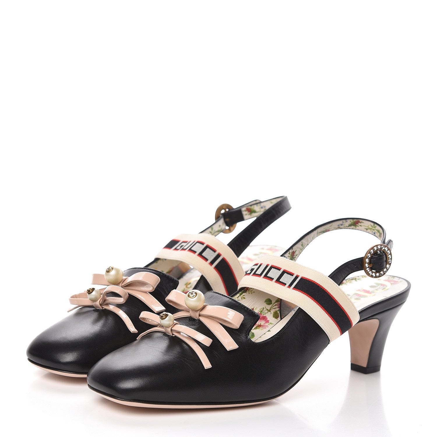 Gucci Malaga Kid Bow Ace Stripe Mid Heel Slingback Pumps 41 Black 3 of 10