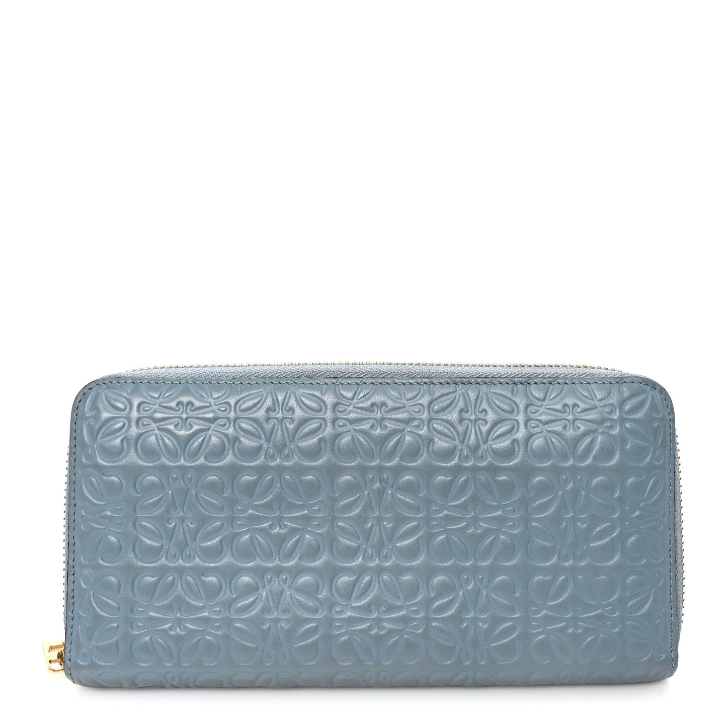 Calfskin Embossed Repeat Medium Zip Wallet Stone Blue