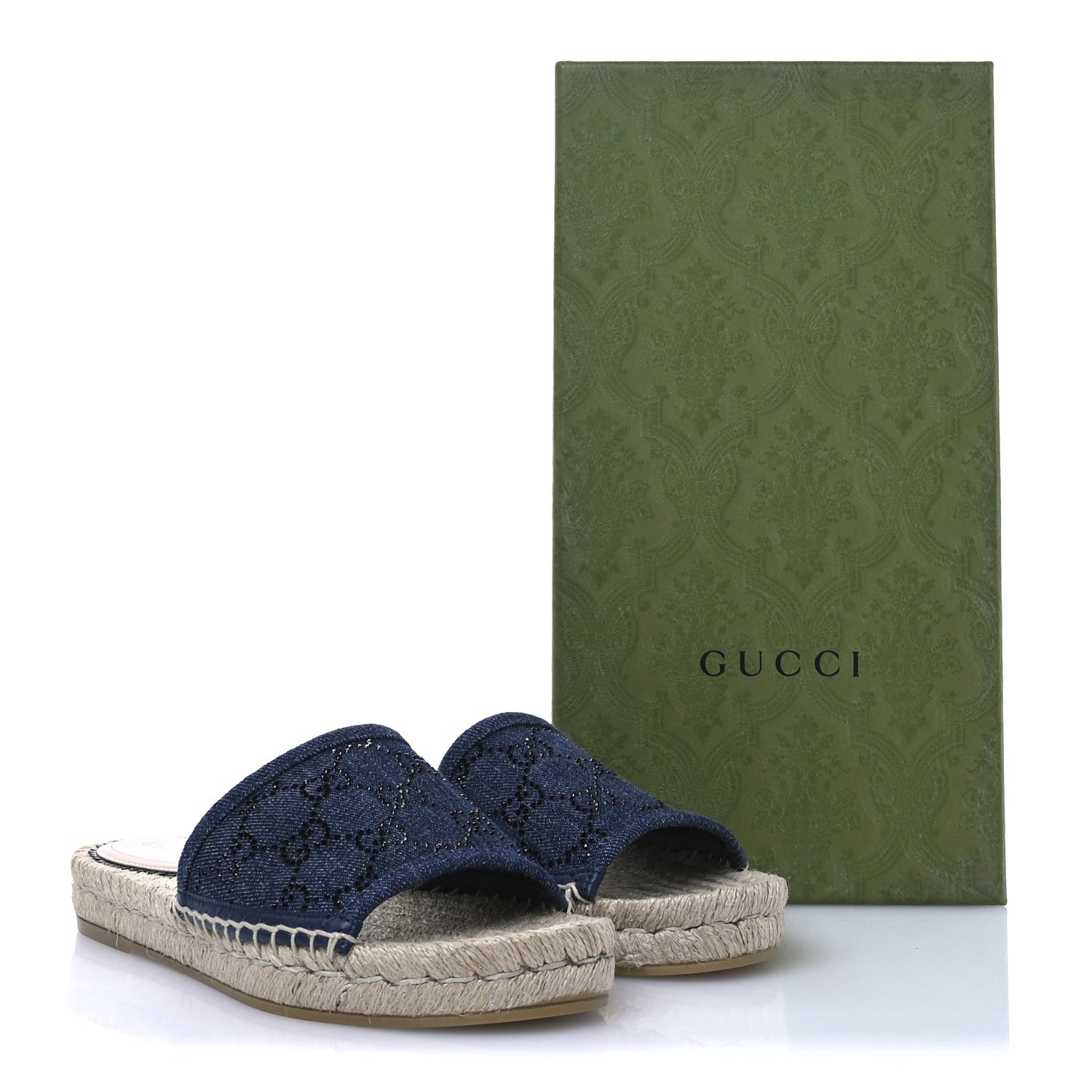 Gucci Denim Crystals GG Monogram Espadrille 20mm Slide Sandals 36.5 Denim 9 of 9