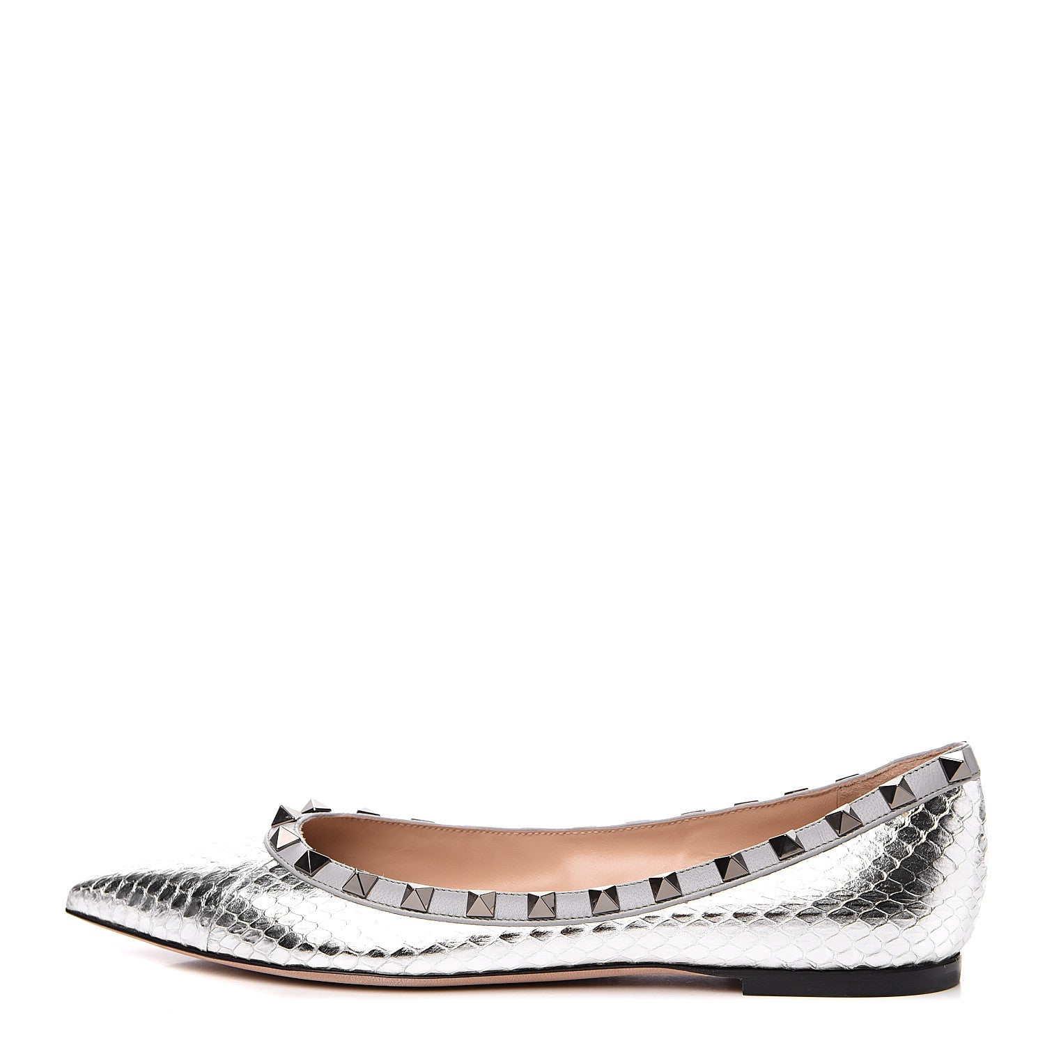 Valentino Garavani Metallic Elaphe Snakeskin Rockstud Ballerina Flats 37 Silver 1 of 8