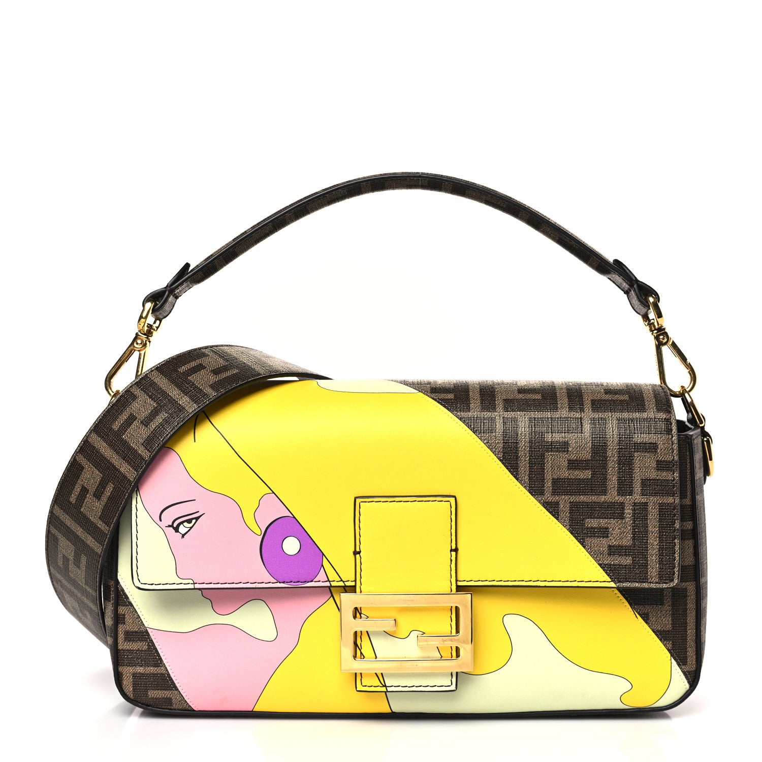 Fendi Glazed Fabric FF 1974 Hairdo Girls Inlay Baguette Mogano Panna Multicolor 1 of 10