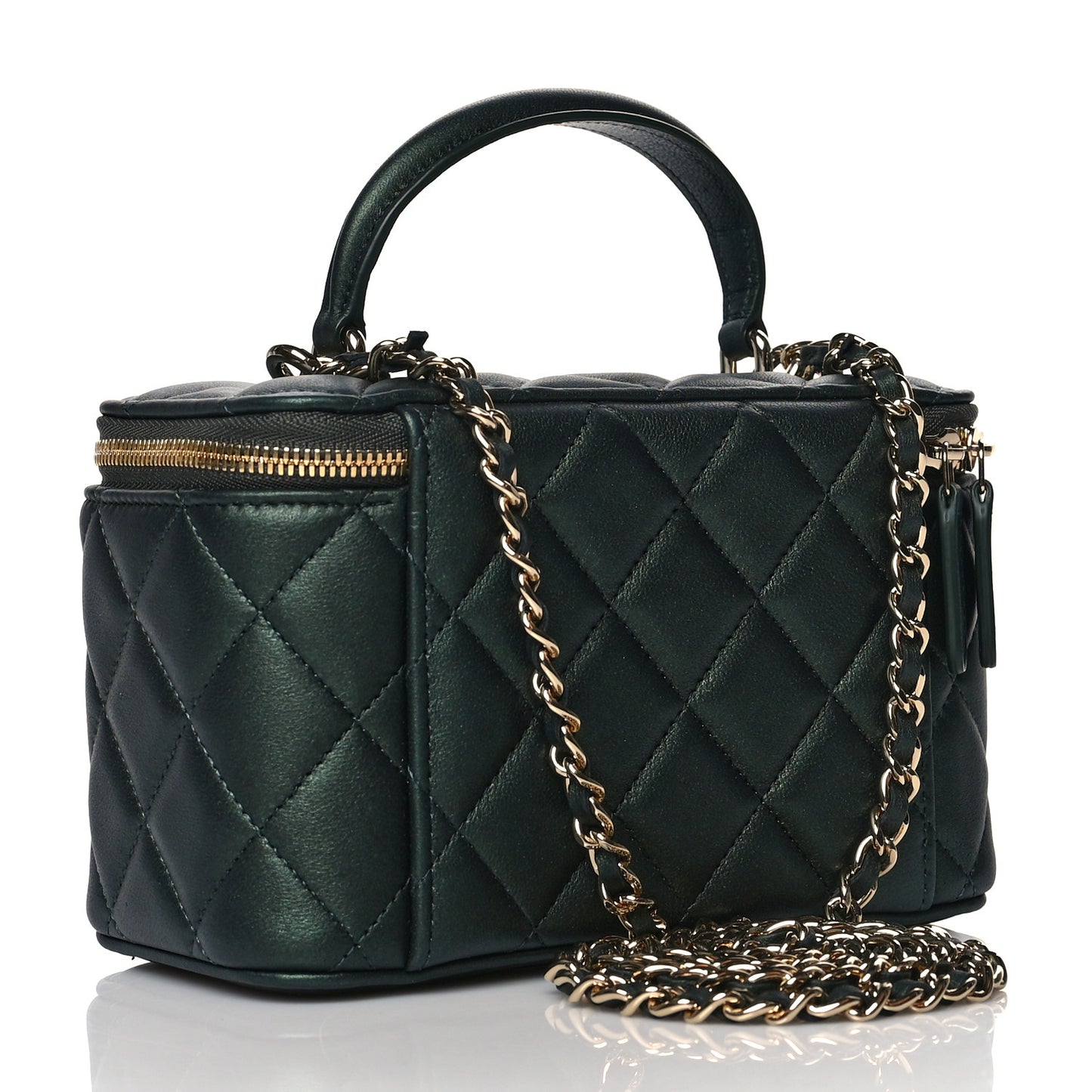 Iridescent Lambskin Quilted Small Top Handle Vanity Case With Chain Dark Green