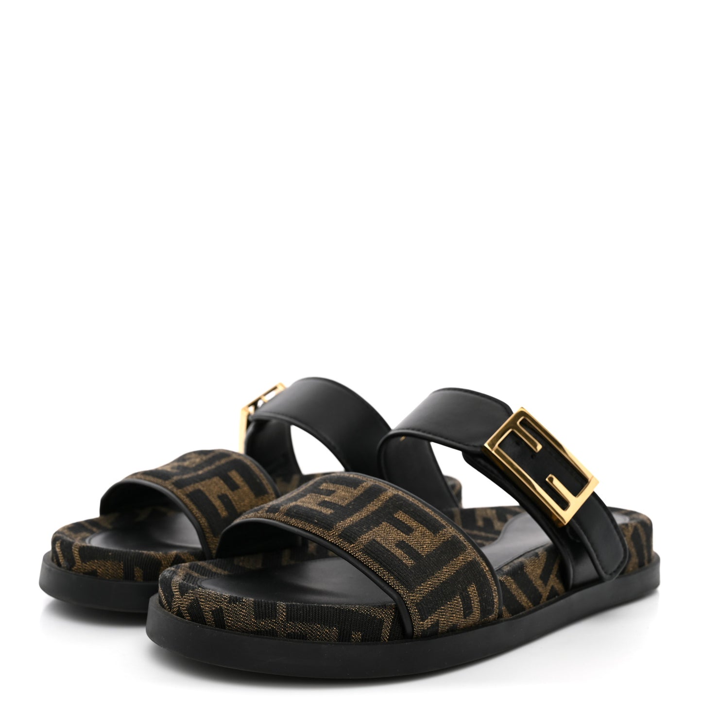 Fabric Jacquard Nappa FF Womens Fendi Feel Buckled Slide Sandals 37 Tobacco Black