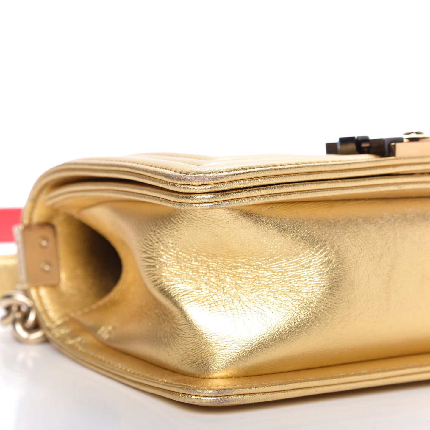 Metallic Lambskin Embossed Small Cube Boy Flap Gold