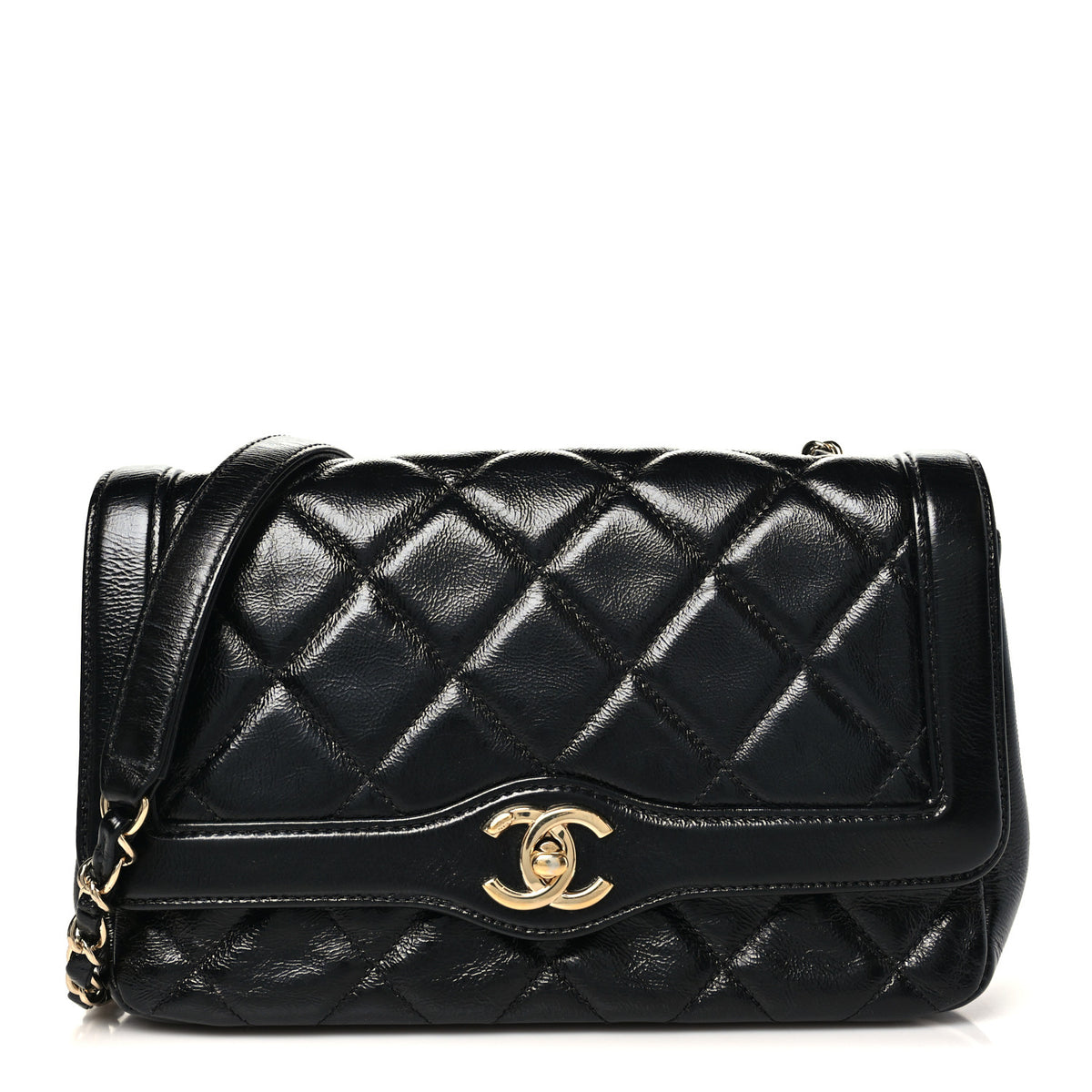 Crumpled Glazed Lambskin Quilted Small Flap Black