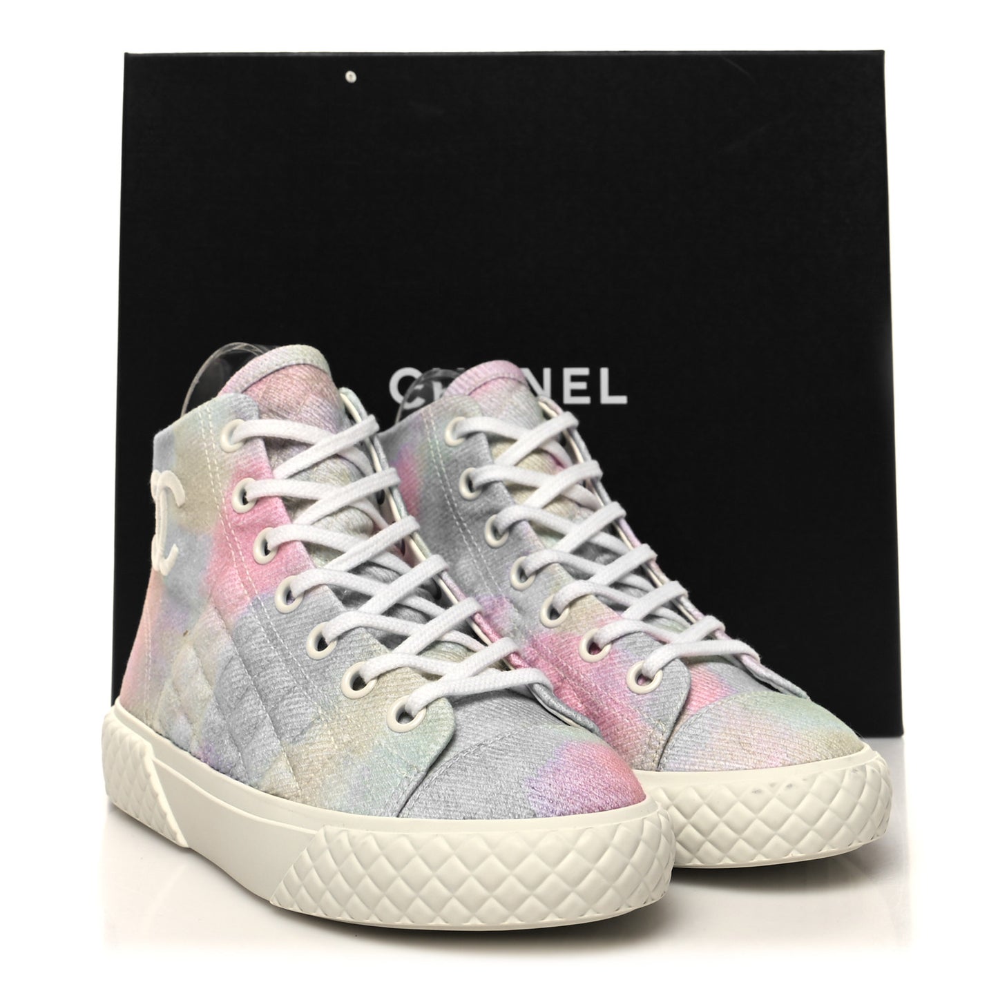 Printed Fabric Quilted High Top Sneakers 36 Green Pink Blue White