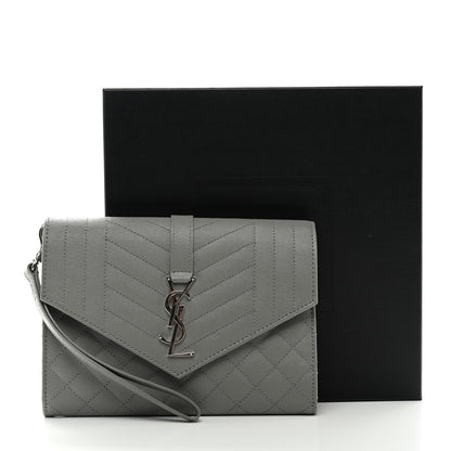 Saint Laurent Grain De Poudre Textured Mixed Matelasse Triquilt Monogram Clutch Storm 8 of 8