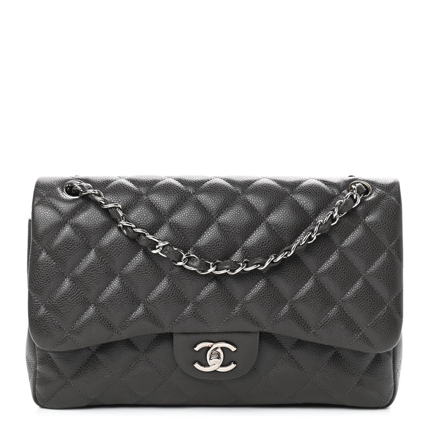 Caviar Quilted Jumbo Double Flap Dark Grey