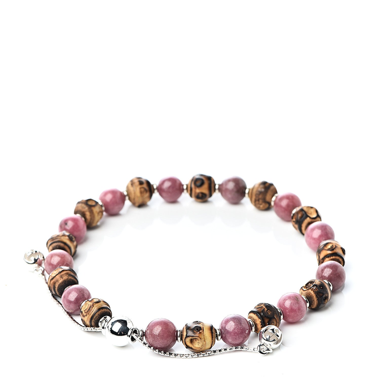 Gucci Sterling Silver Bamboo Pink Rodonite Beaded Bracelet 3 of 4