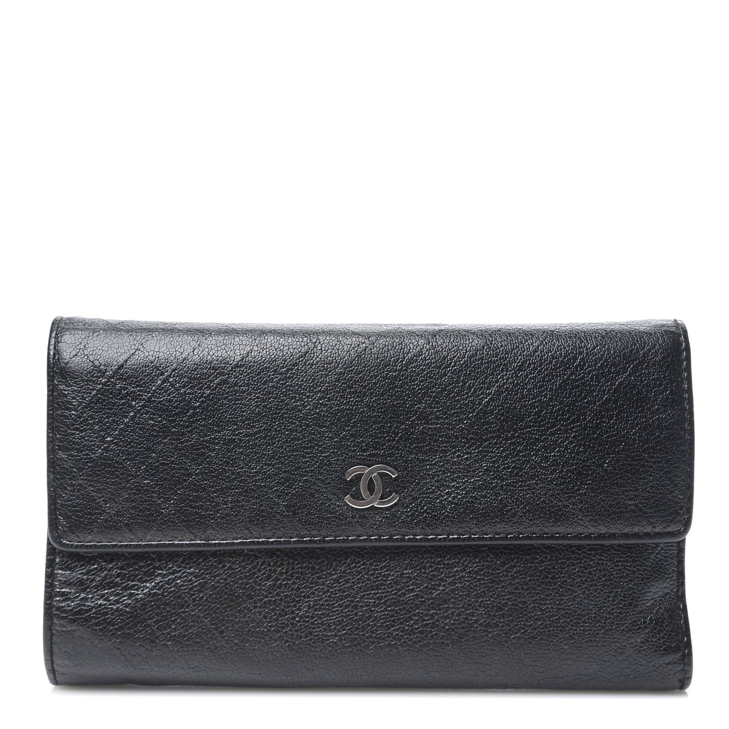 Calfskin Diamond Embossed Long Flap Wallet Black