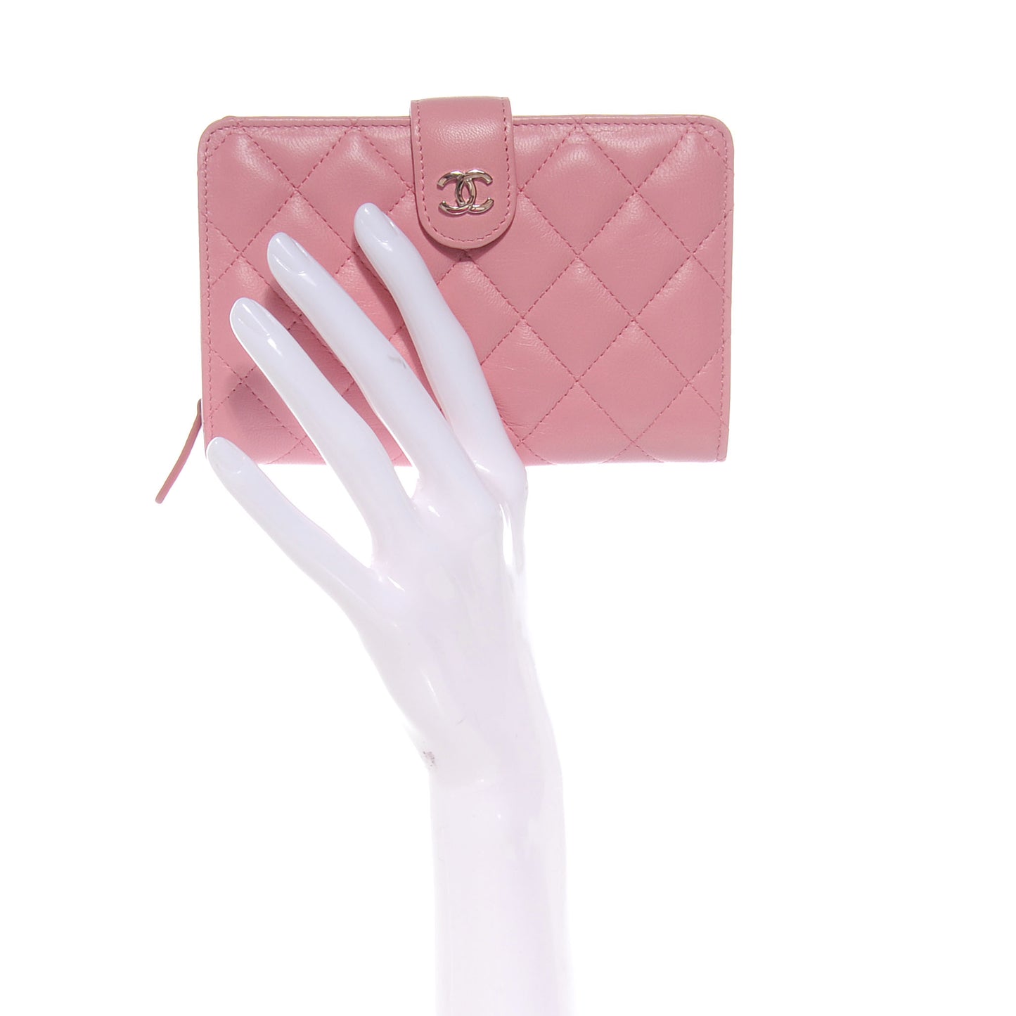 Lambskin Quilted Compact Zip Wallet Pink