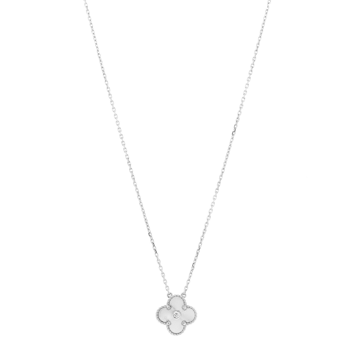 Van Cleef & Arpels 18K White Gold Diamond Guilloche Vintage Alhambra Pendant Necklace 1 of 6