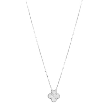 Van Cleef & Arpels 18K White Gold Diamond Guilloche Vintage Alhambra Pendant Necklace 1 of 6