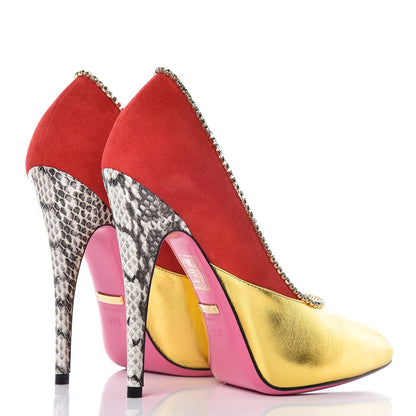 Gucci Metallic Nappa Kid Scamosciato Elaphe Snakeskin Peachy Pumps 36.5 Oro Red Roccia 4 of 9