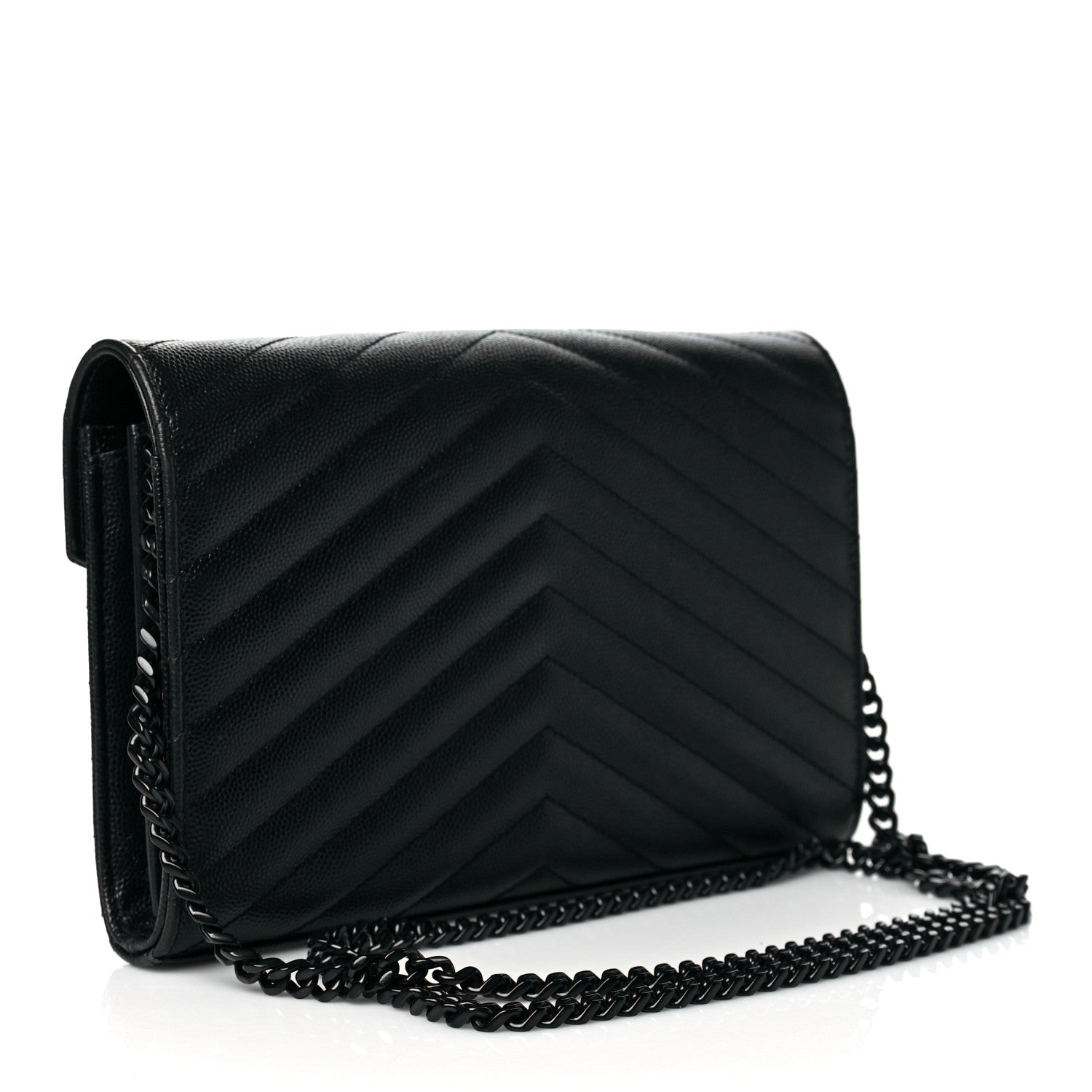 Saint Laurent Grain De Poudre Matelasse Chevron Monogram Chain Wallet Black 2 of 11