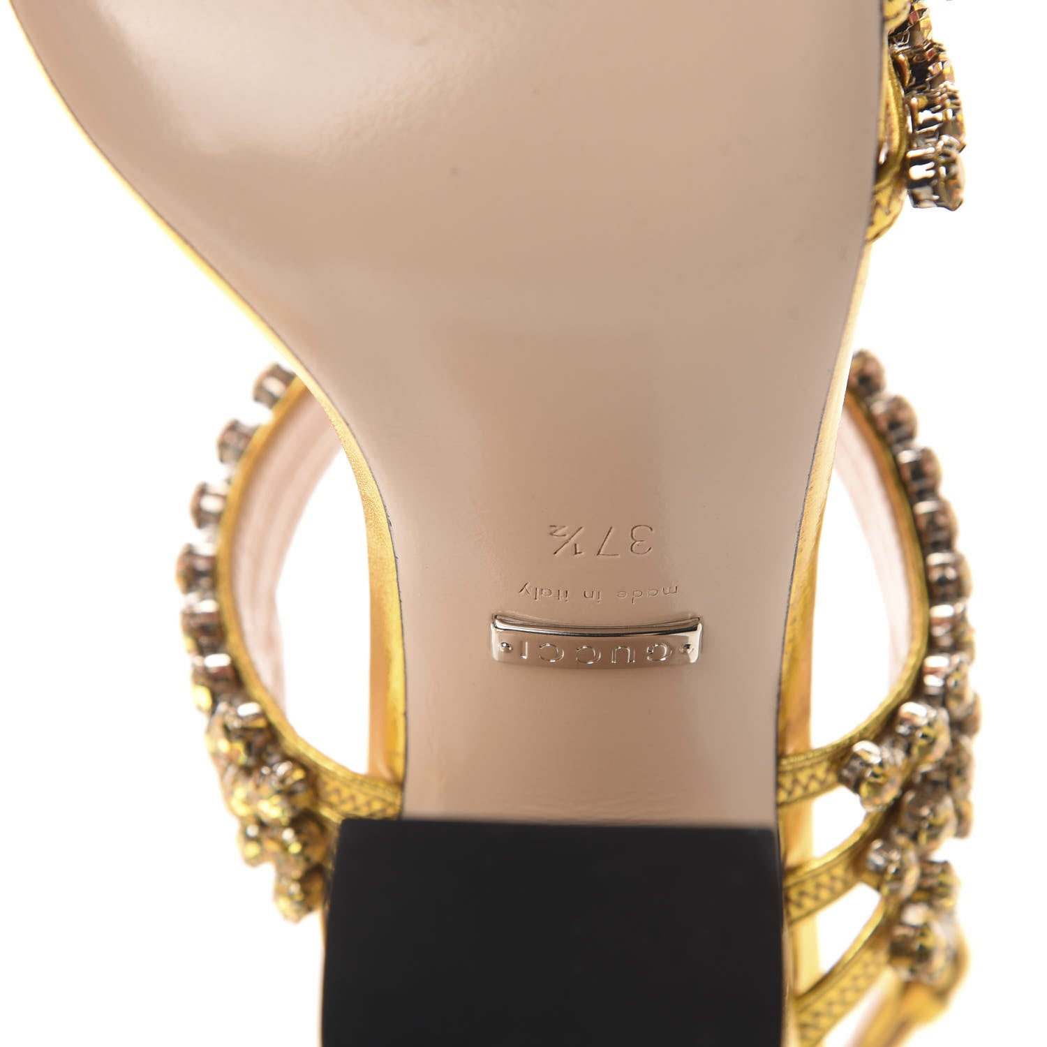 Gucci Nappa Silk Crystal Bertie High Heel Sandals 37.5 Gold 8 of 9