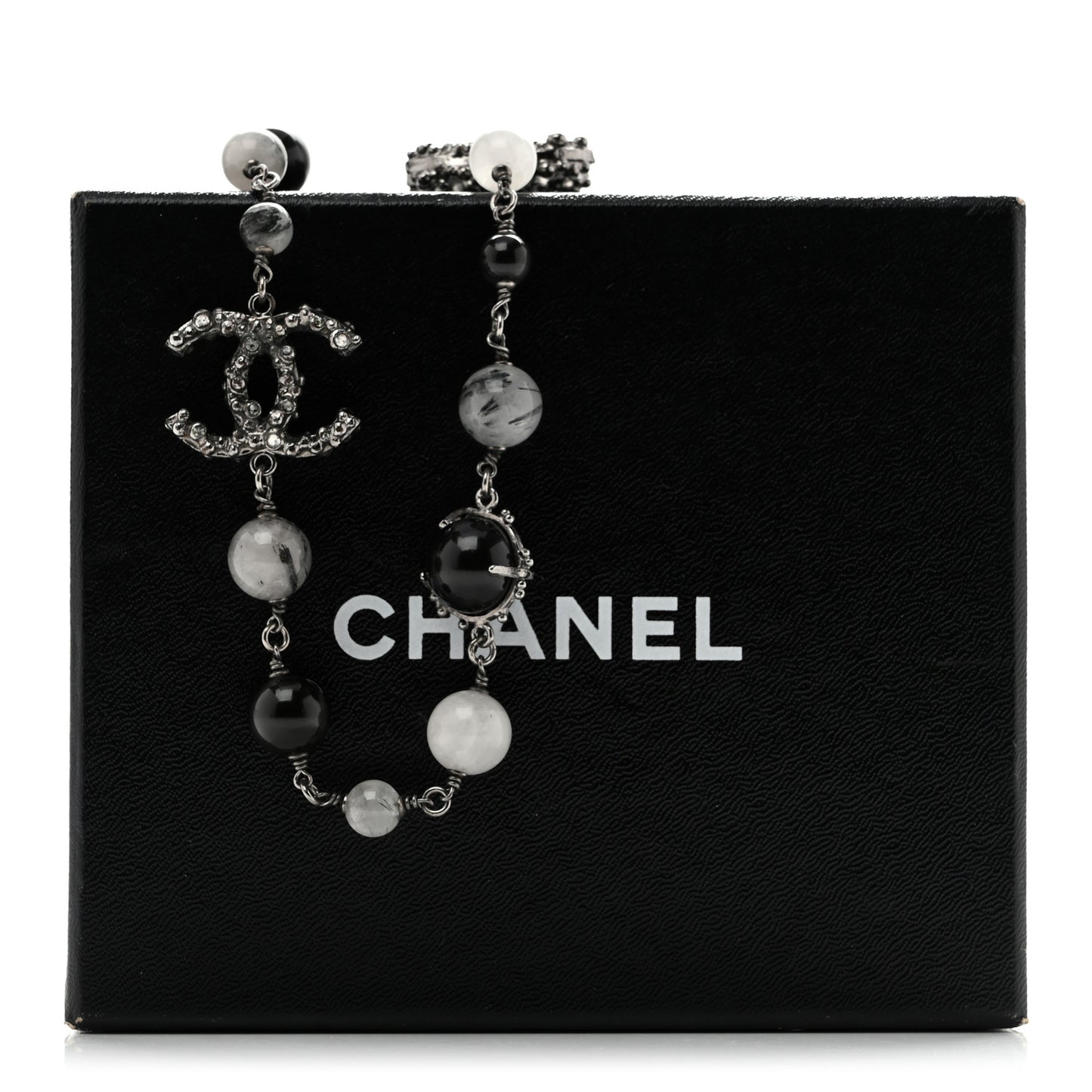 Crystal Bead CC Long Necklace Silver Black