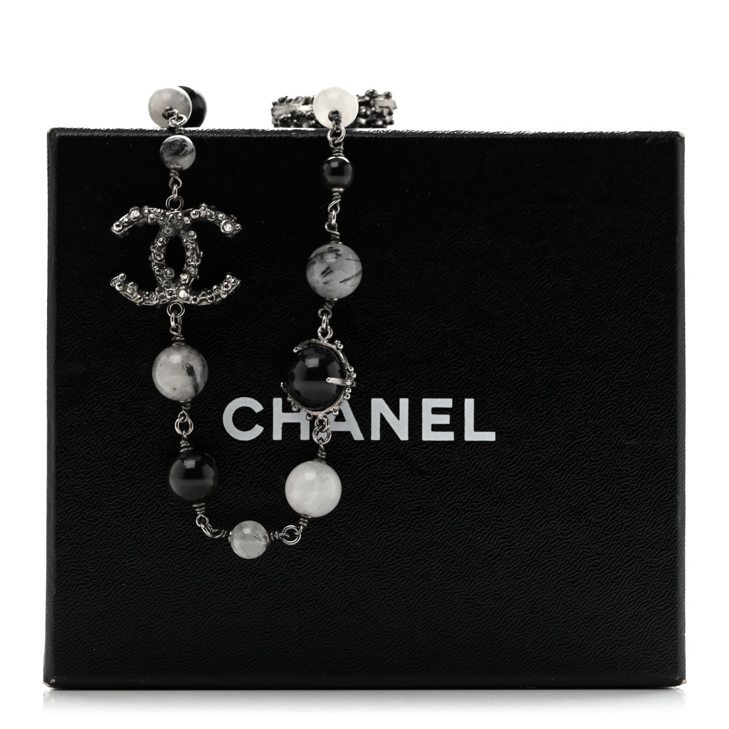 Chanel Crystal Bead CC Long Necklace Silver Black 6 of 6
