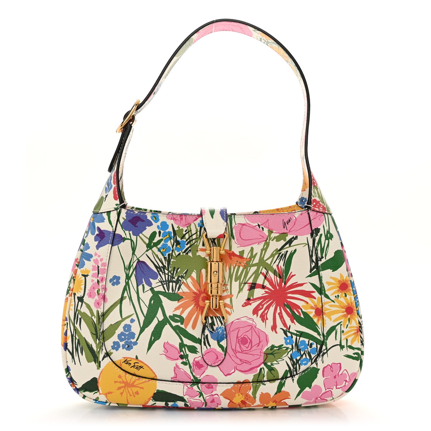 X KEN SCOTT New Shangai Calfskin Jardin D'Avril Floral Print Small Jackie 1961 Hobo Ivory Pink